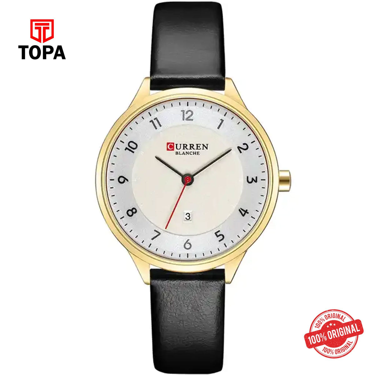 Topa Curren-9035-GDBLK-WHT-Leather-Band-Women-Watch - Product Image 1