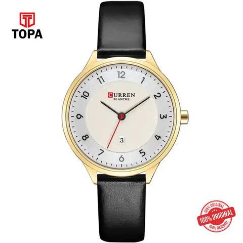 Topa Curren-9035-GDBLK-WHT-Leather-Band-Women-Watch - Product Image 1