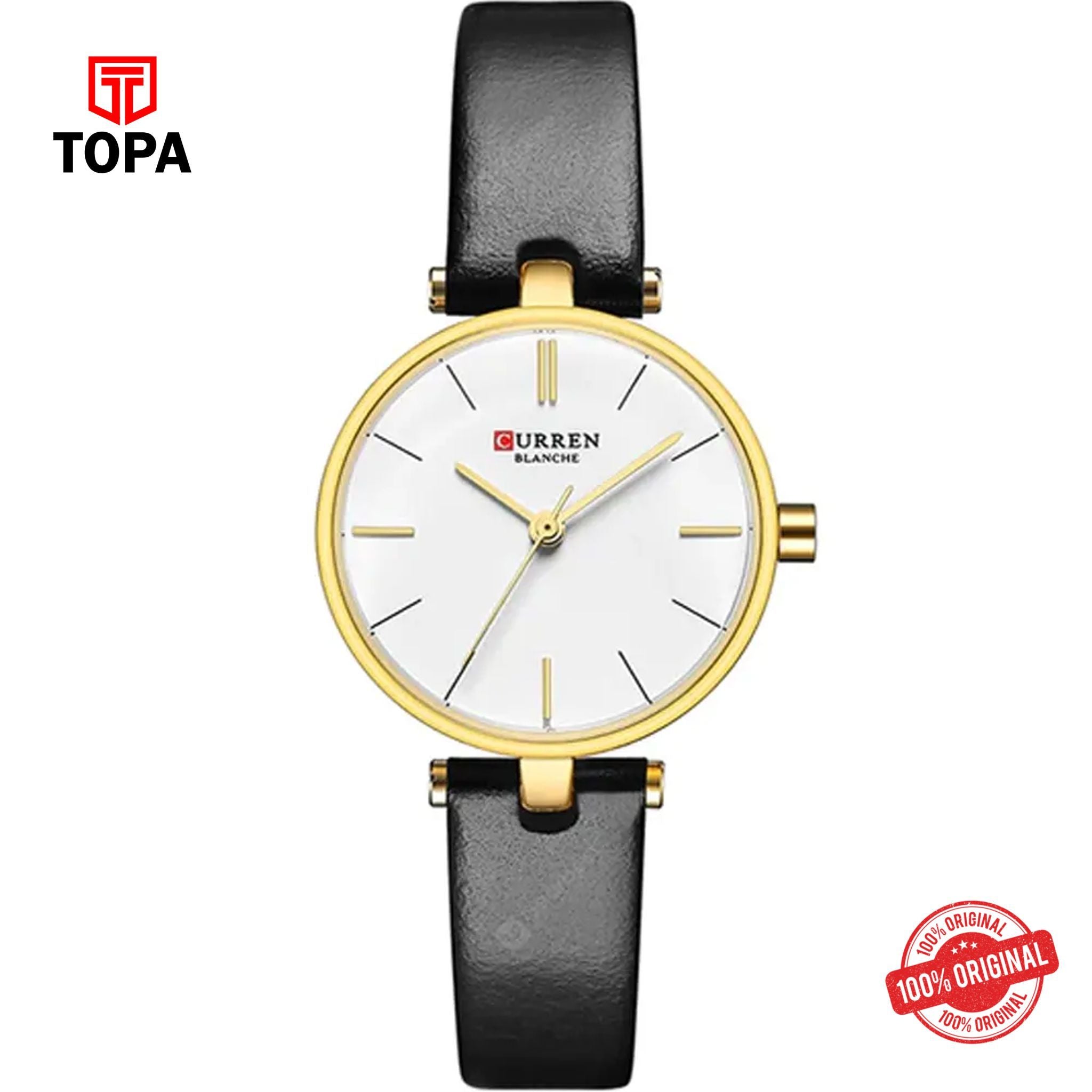 Topa Curren-9038-GLDBLK-WHT-Leather-Band-Women-Watch - Product Image 1