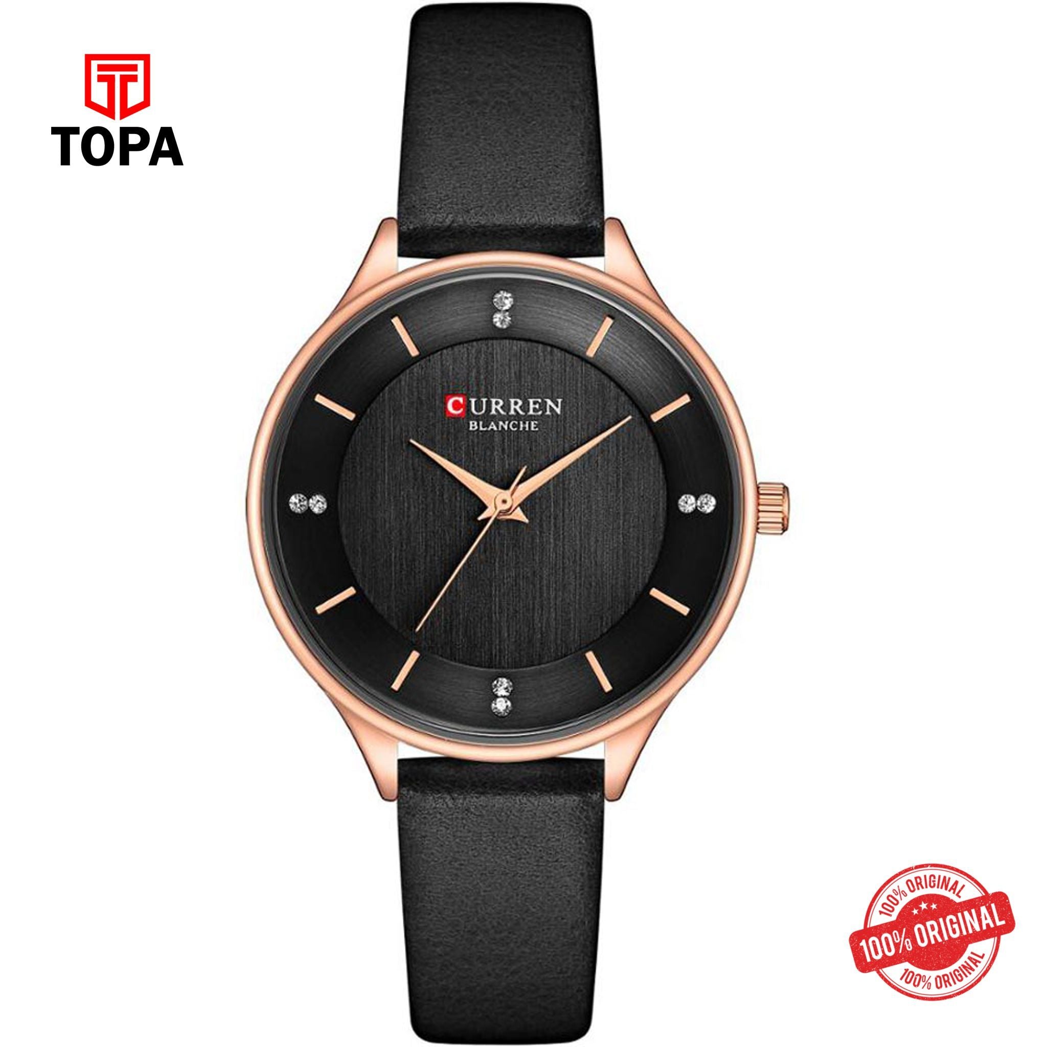 Topa Curren-9041-RSBLK-BLK-Leather-Band-Women-Watch - Product Image 1