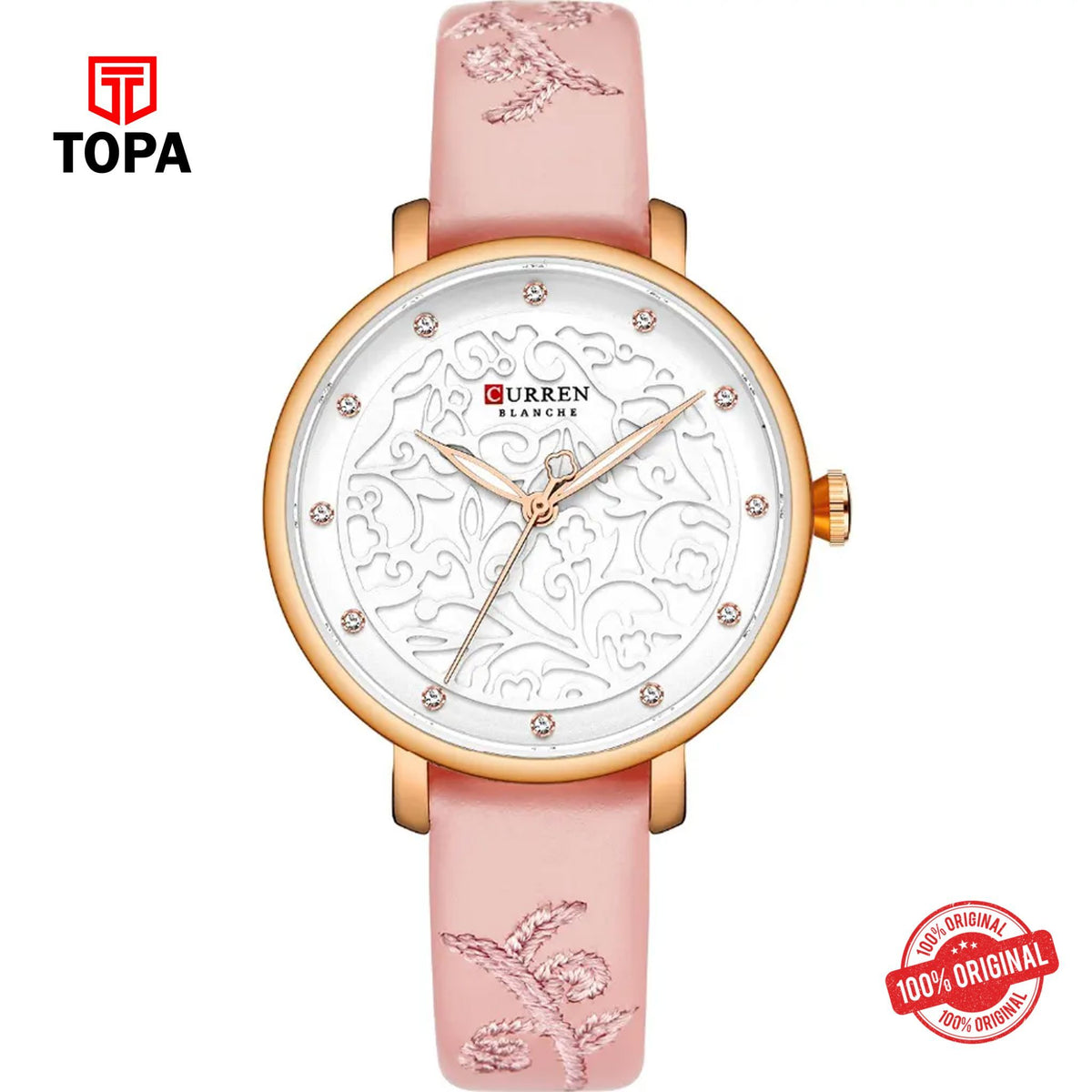 Topa Curren-9046-RSPNK-WHT-Leather-Band-Women-Watch - Product Image 1