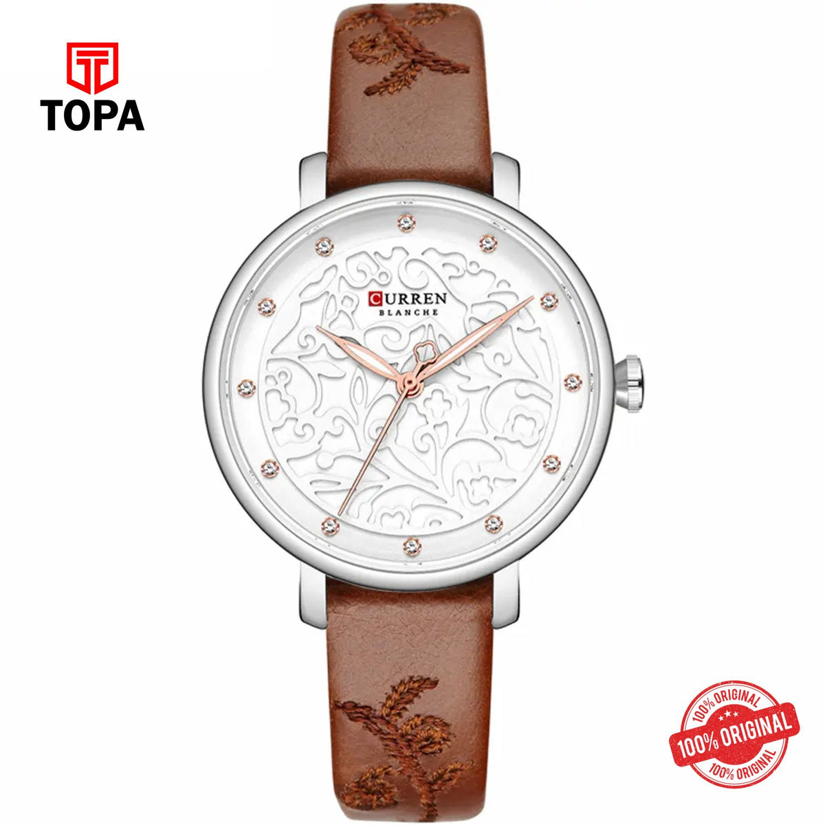 Topa Curren-9046-SLVBRN-WHT-Leather-Band-Woman-Watch - Product Image 1