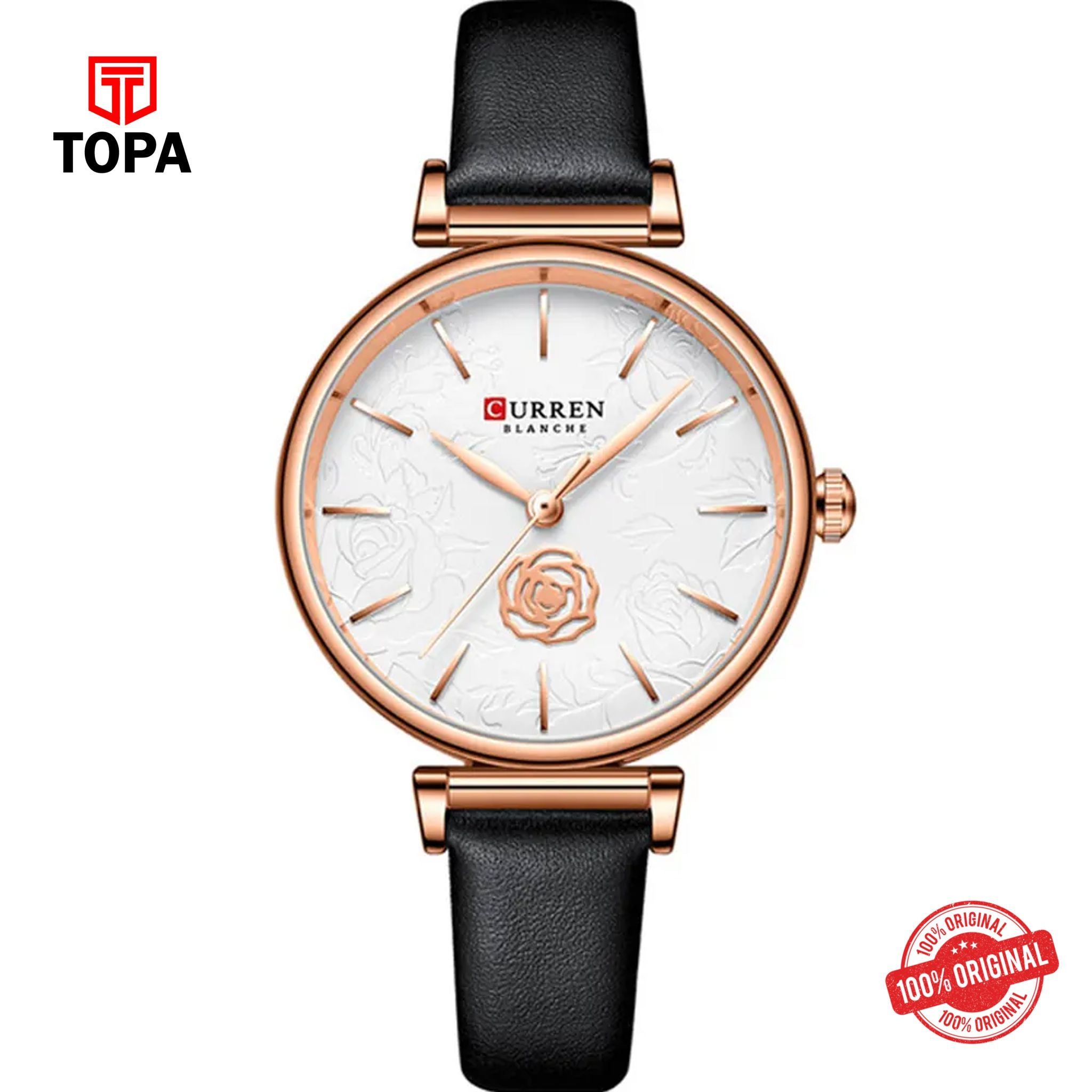 Topa Curren-9078-RSBLK-WHT-Leather-Band-Women-Watch - Product Image 1