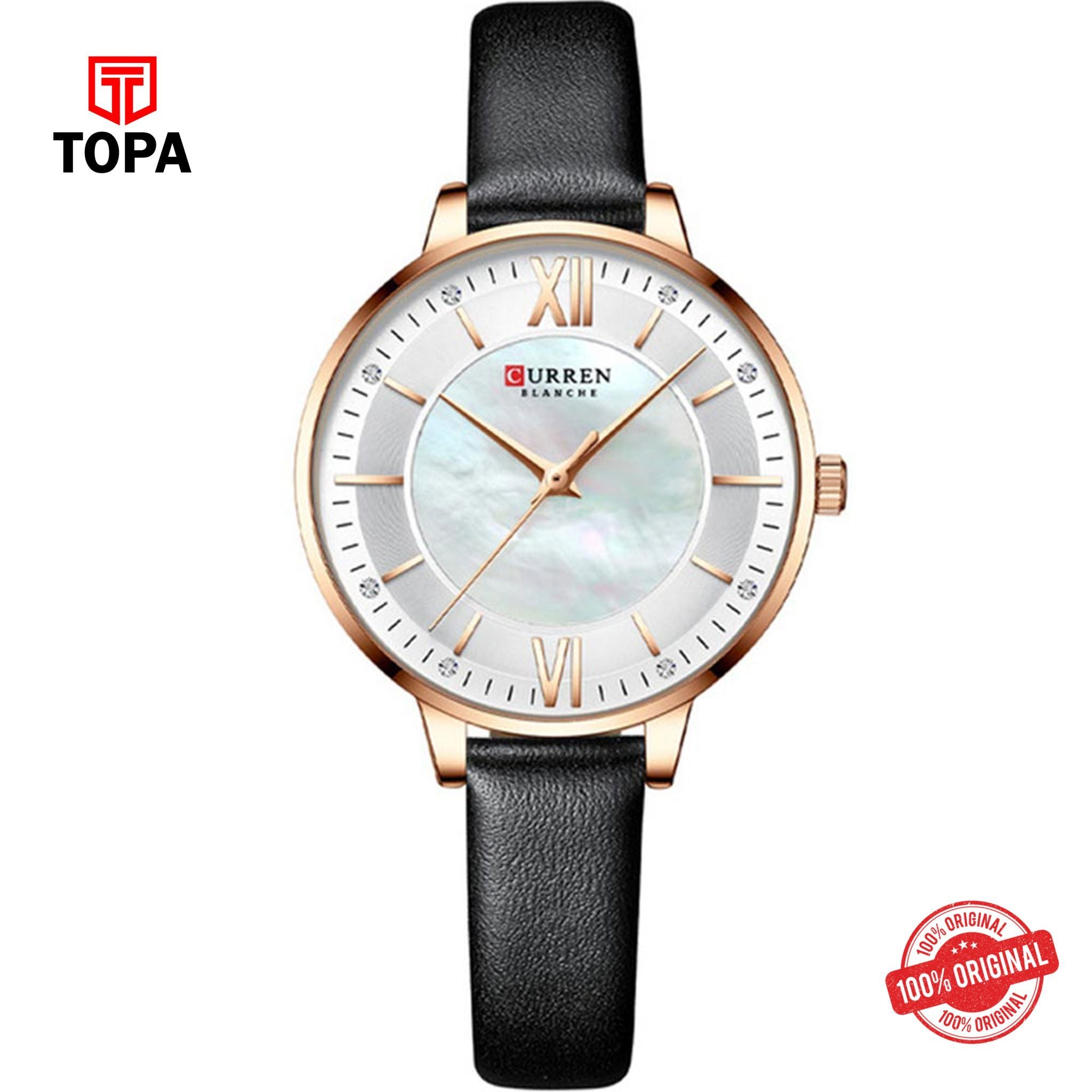 Topa Curren-9080-RSBLK-WHT-Leather-Band-Women-Watch - Product Image 1