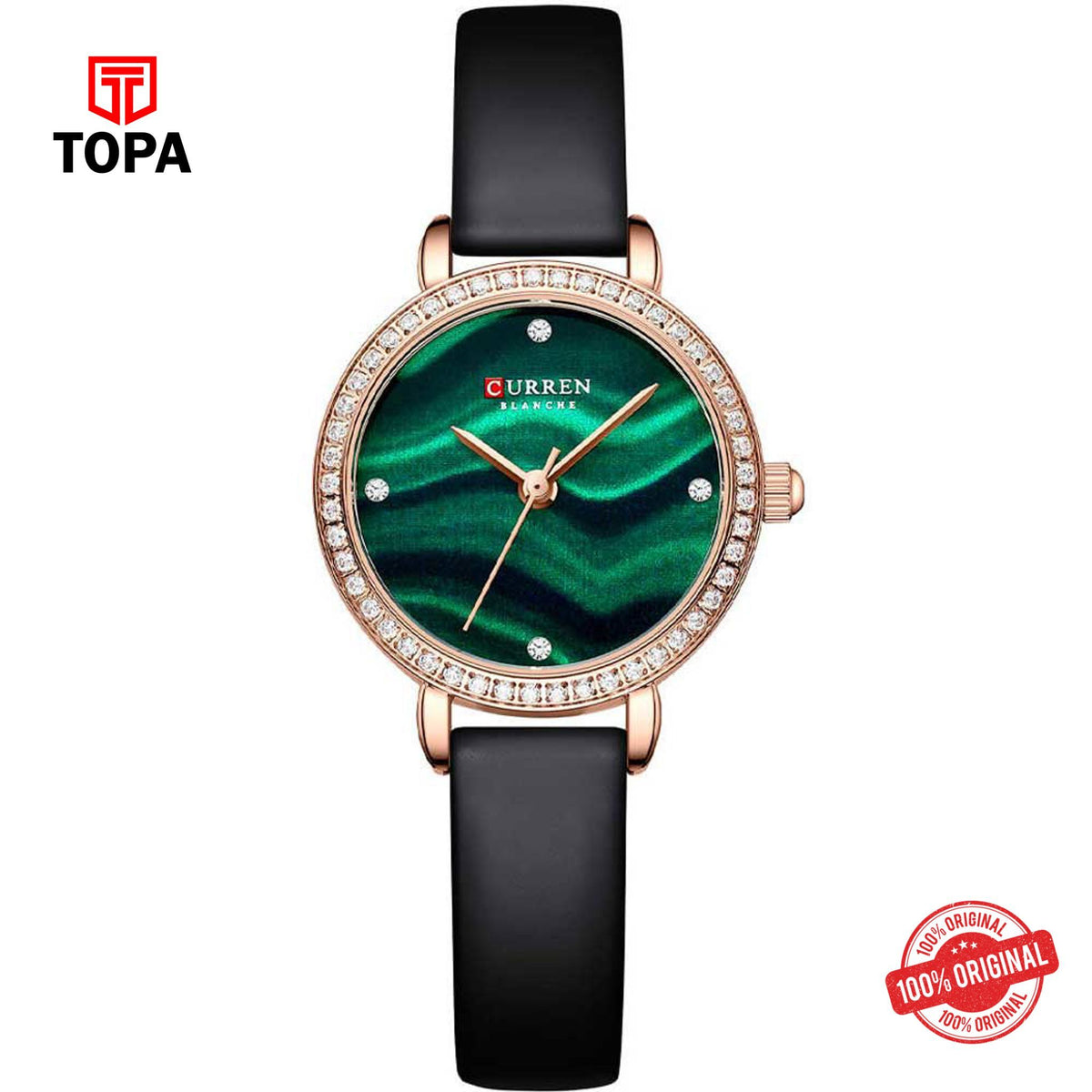 Topa Curren-9083-RSBLK-GRN-Leather-Strap-Woman-Watch - Product Image 1