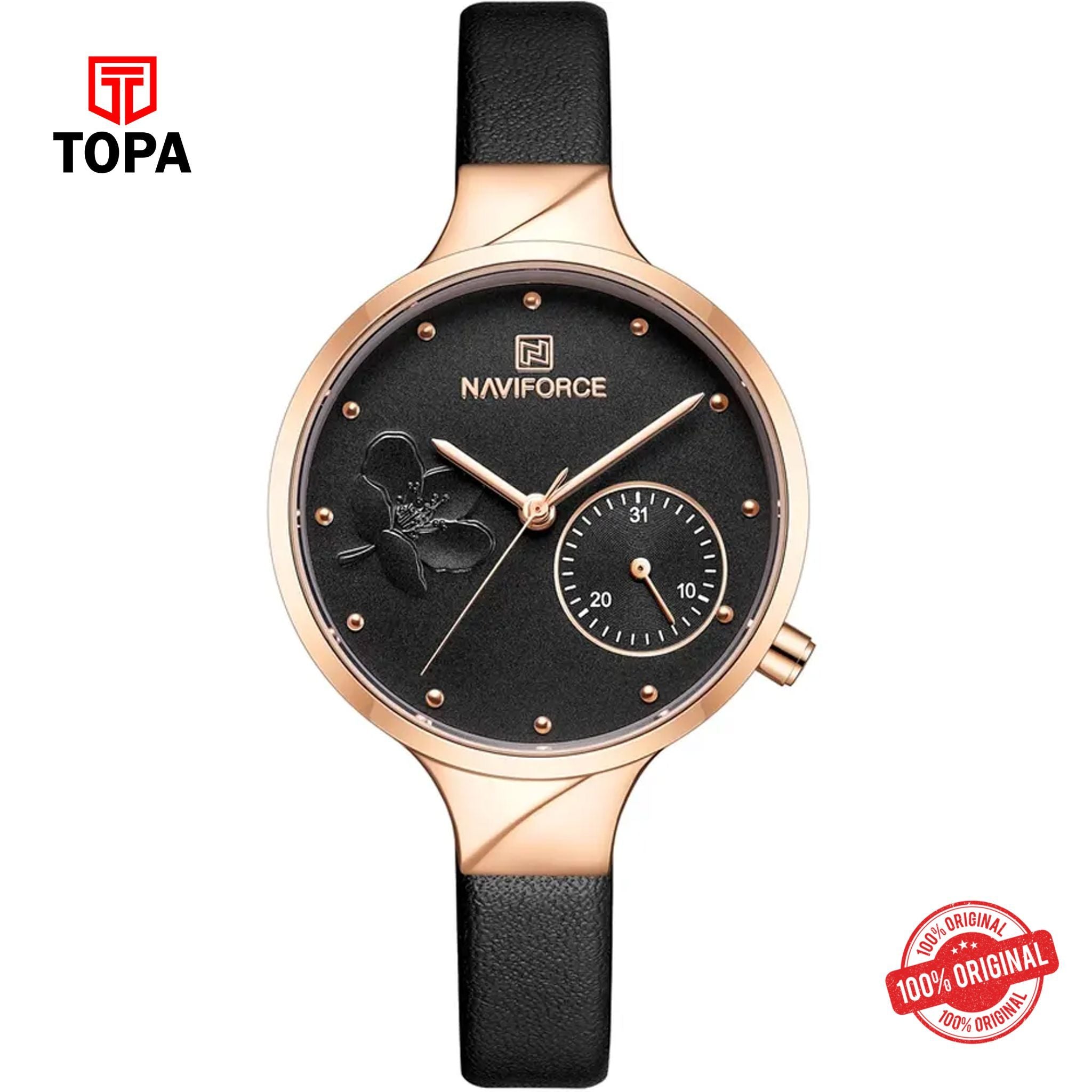 Topa NaviForce-NF5001L-RS-BLK-Leather-Band-Women-Watch - Product Image 1