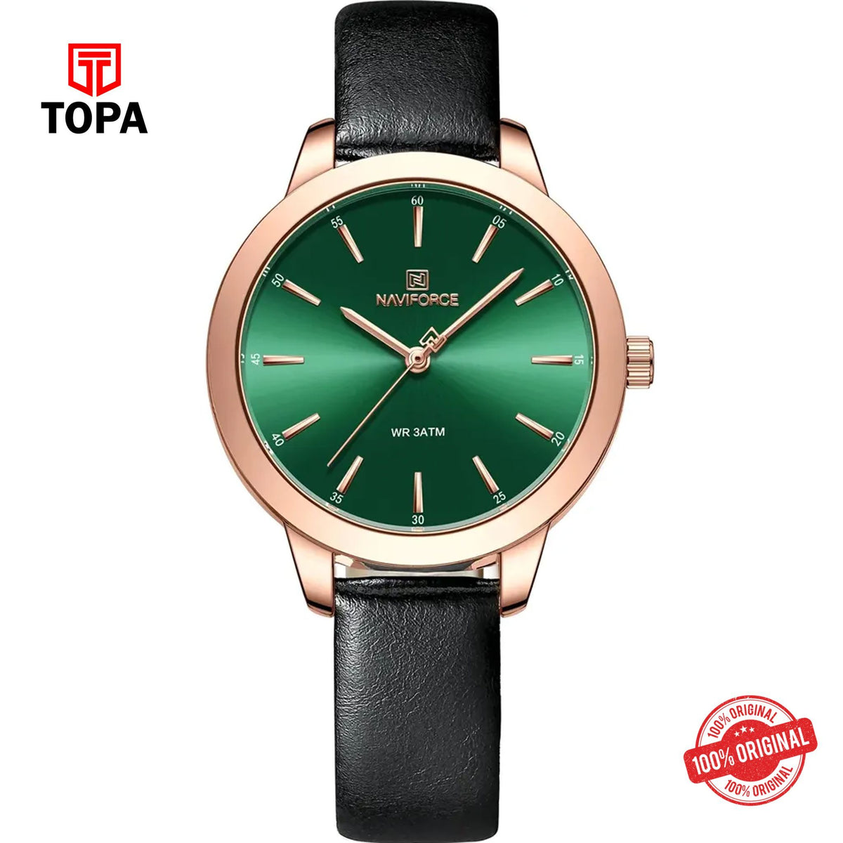 Topa NaviForce-NF5024L-RS-BLK-GRN-Leather-Band-Women-Watch - Product Image 1