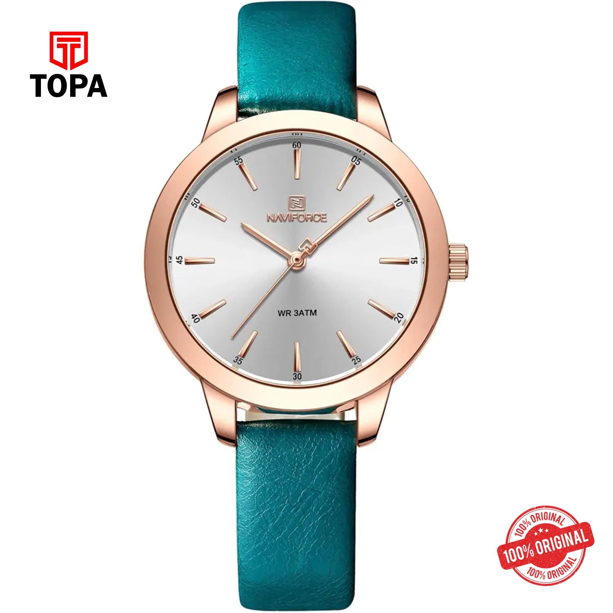 Topa NaviForce-NF5024L-RS-GRN-WHT-Leather-Band-Women-Watch - Product Image 1