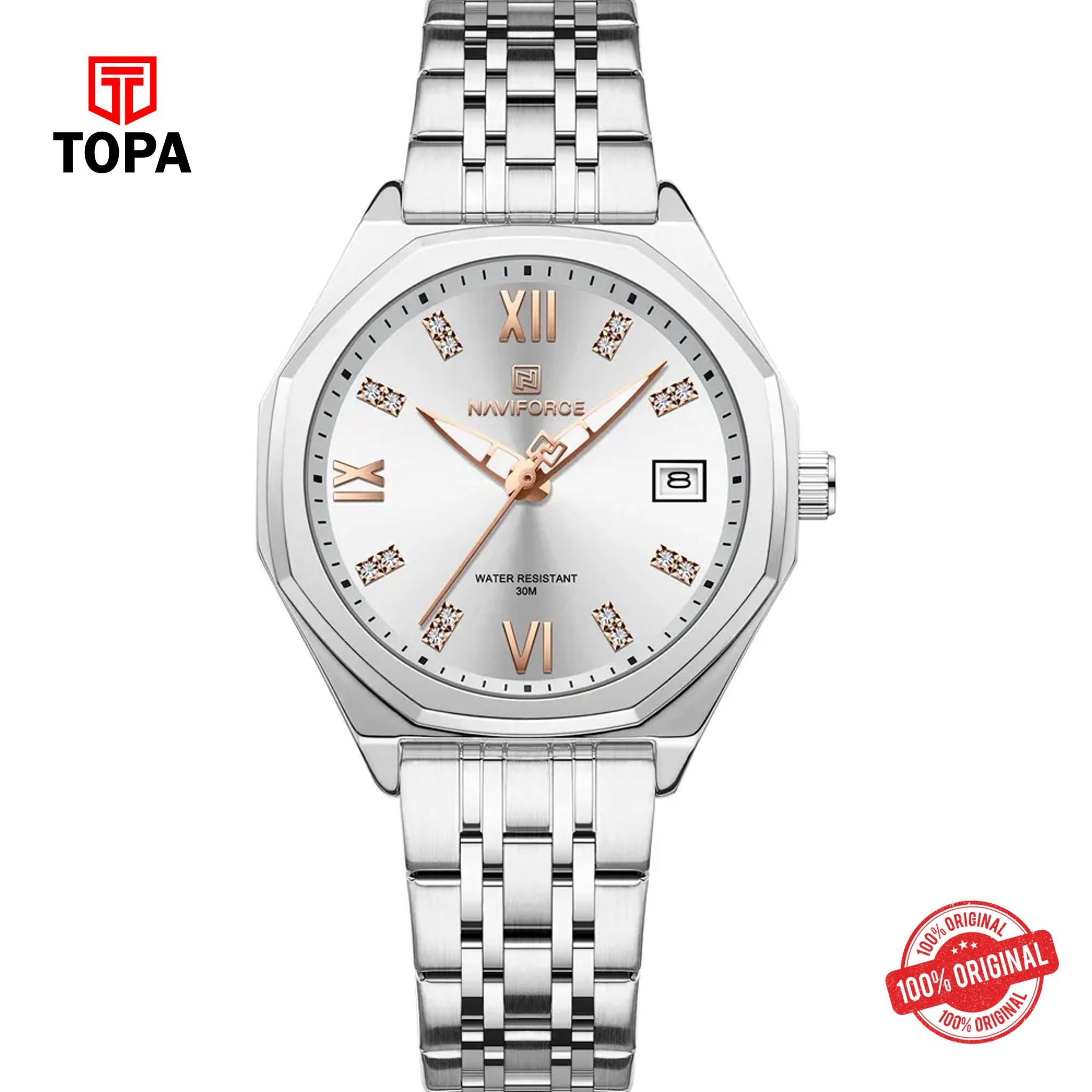 Topa NaviForce-NF5052L-CH-WHT-Metal-Band-Women-Watch - Product Image 1