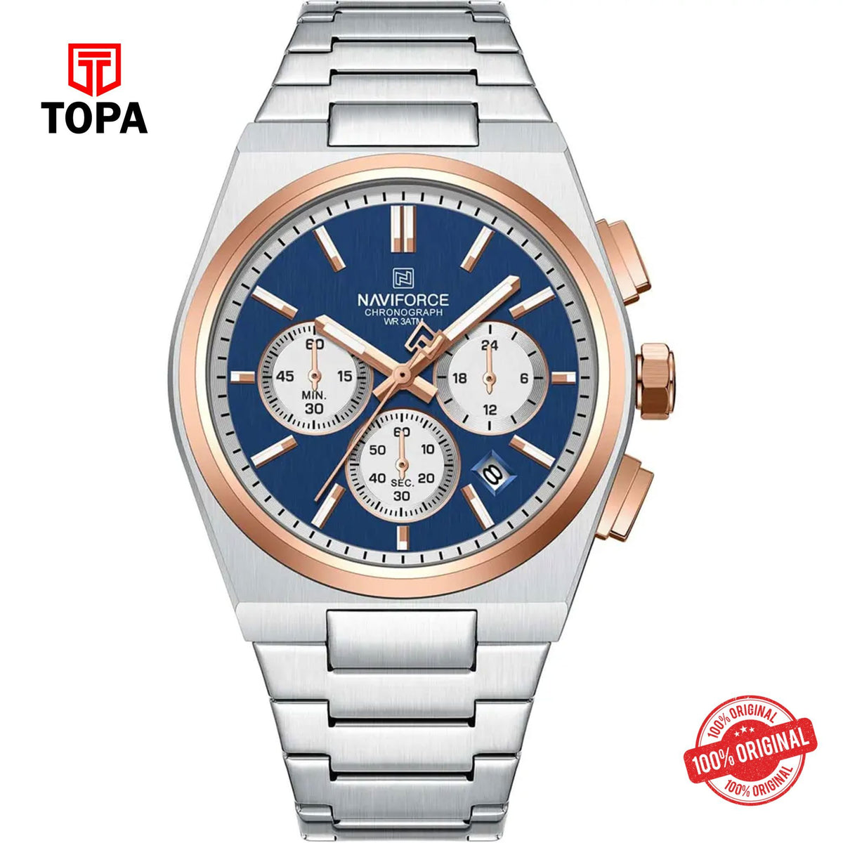 Topa NaviForce-NF8048G-CH-BLU-RSBZL-Metal-Band-Men-Watch - Product Image 1