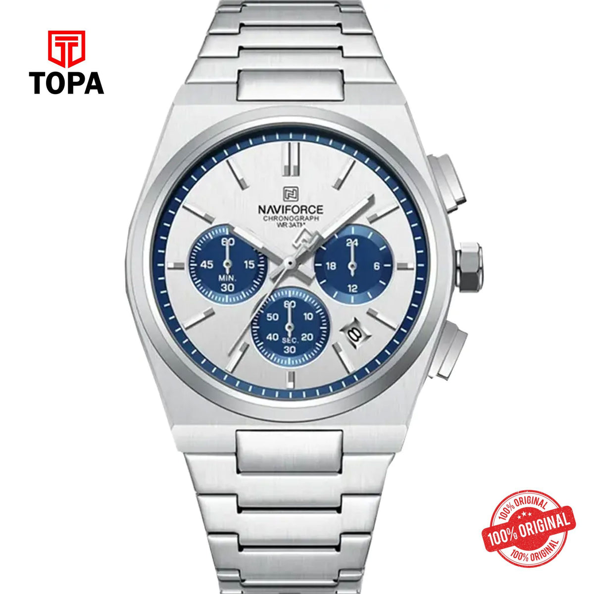 Topa NaviForce-NF8048G-CH-WHT-BLUINTX-Metal-Band-Men-Watch - Product Image 1