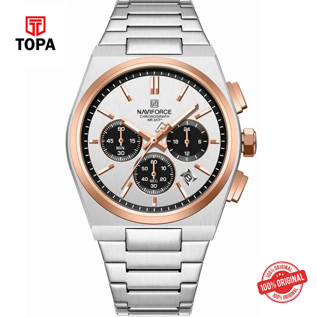 Topa NaviForce-NF8048G-CH-WHT-RSBZL-Metal-Band-Men-Watch - Product Image 1