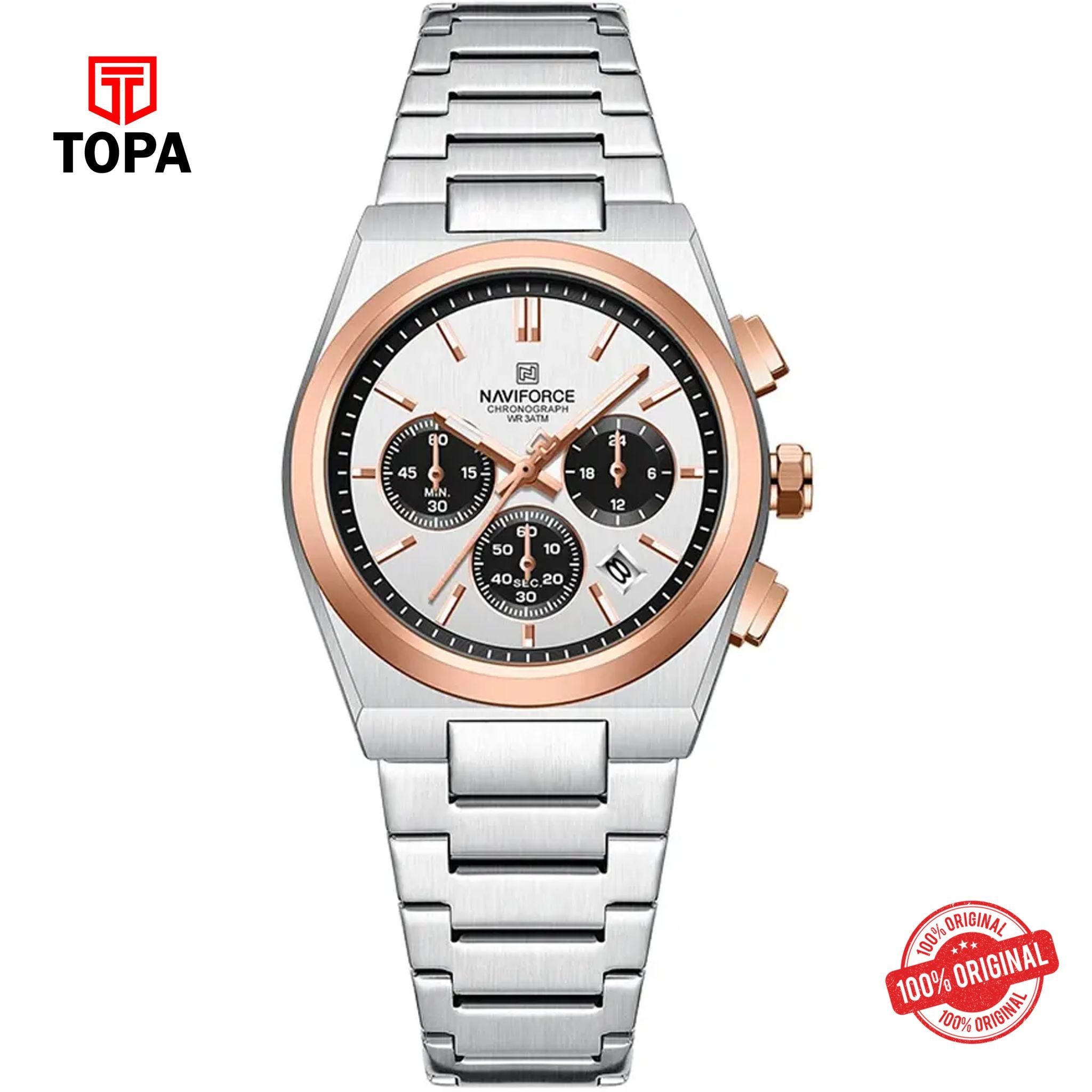 Topa NaviForce-NF8048L-CH-WHT-RSBZL-Metal-Band-Women-Watch - Product Image 1