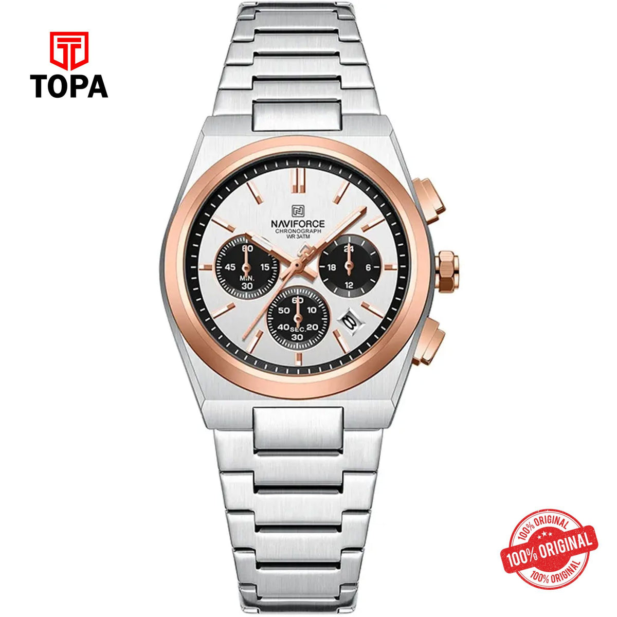 Topa NaviForce-NF8048L-CH-WHT-RSBZL-Metal-Band-Women-Watch - Product Image 1
