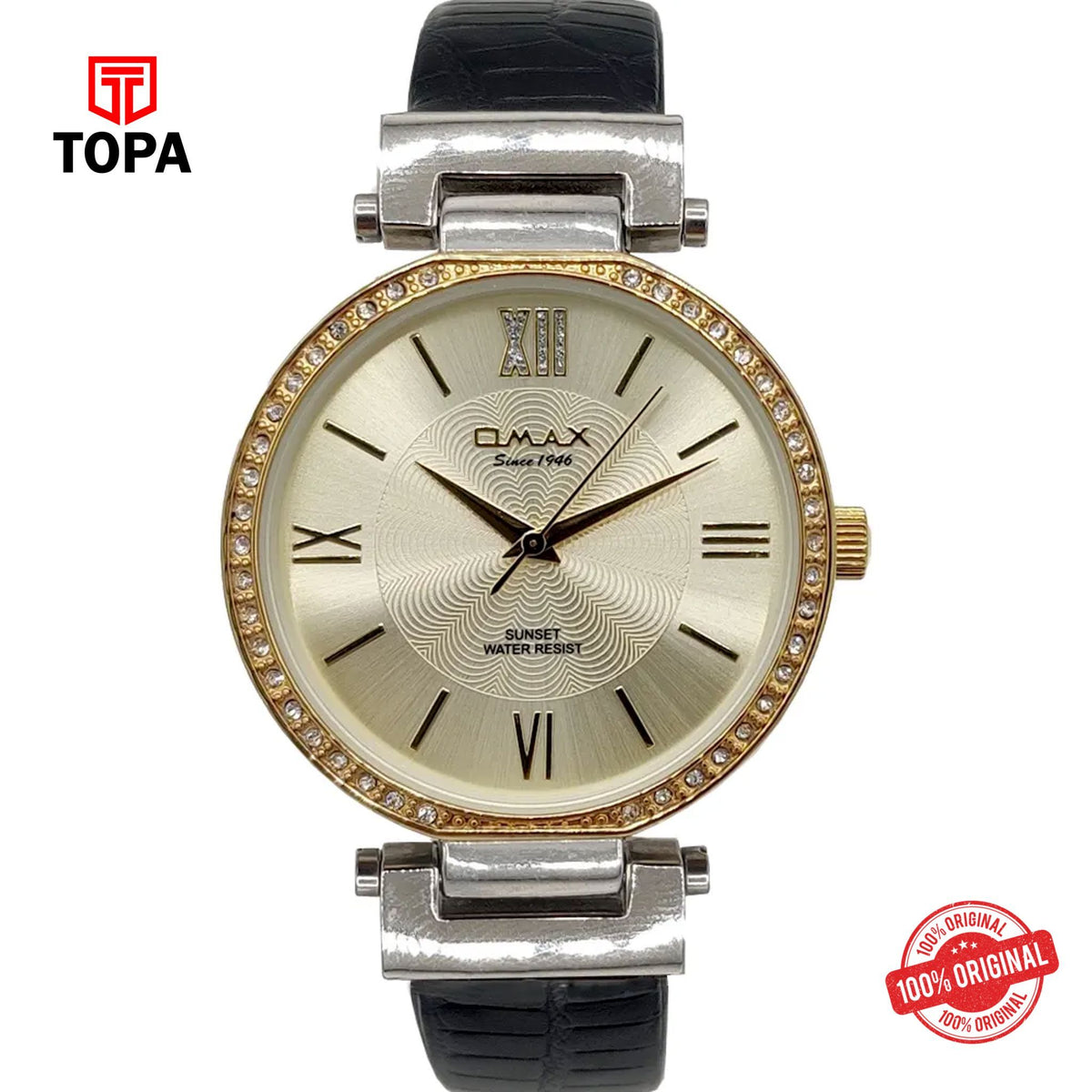 Topa Omax-SU001-CHBLK-GLD-Leather-Band-Women-Watch - Product Image 1