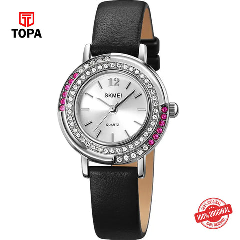 Topa Skmei-1855-L-CH-BLK-WHT-Leather-Band-Women-Watch - Product Image 1