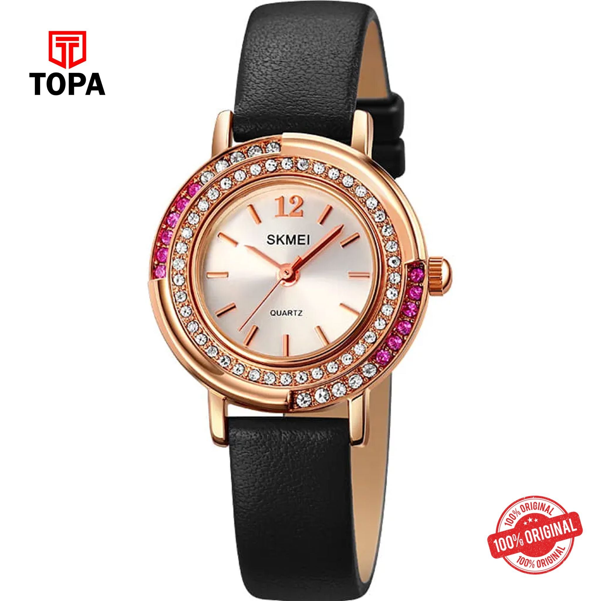 Topa Skmei-1855-RSBLK-WHT-Leather-Band-Women-Watch - Product Image 1