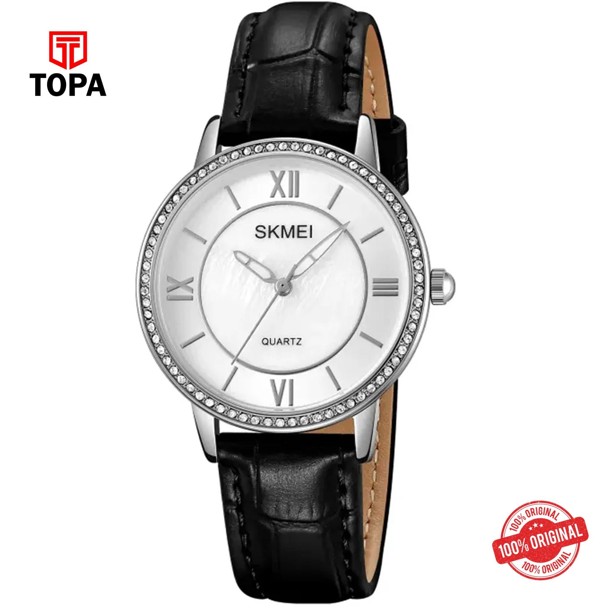 Topa Skmei-2253-L-CH-BLK-WHT-Leather-Band-Women-Watch - Product Image 1