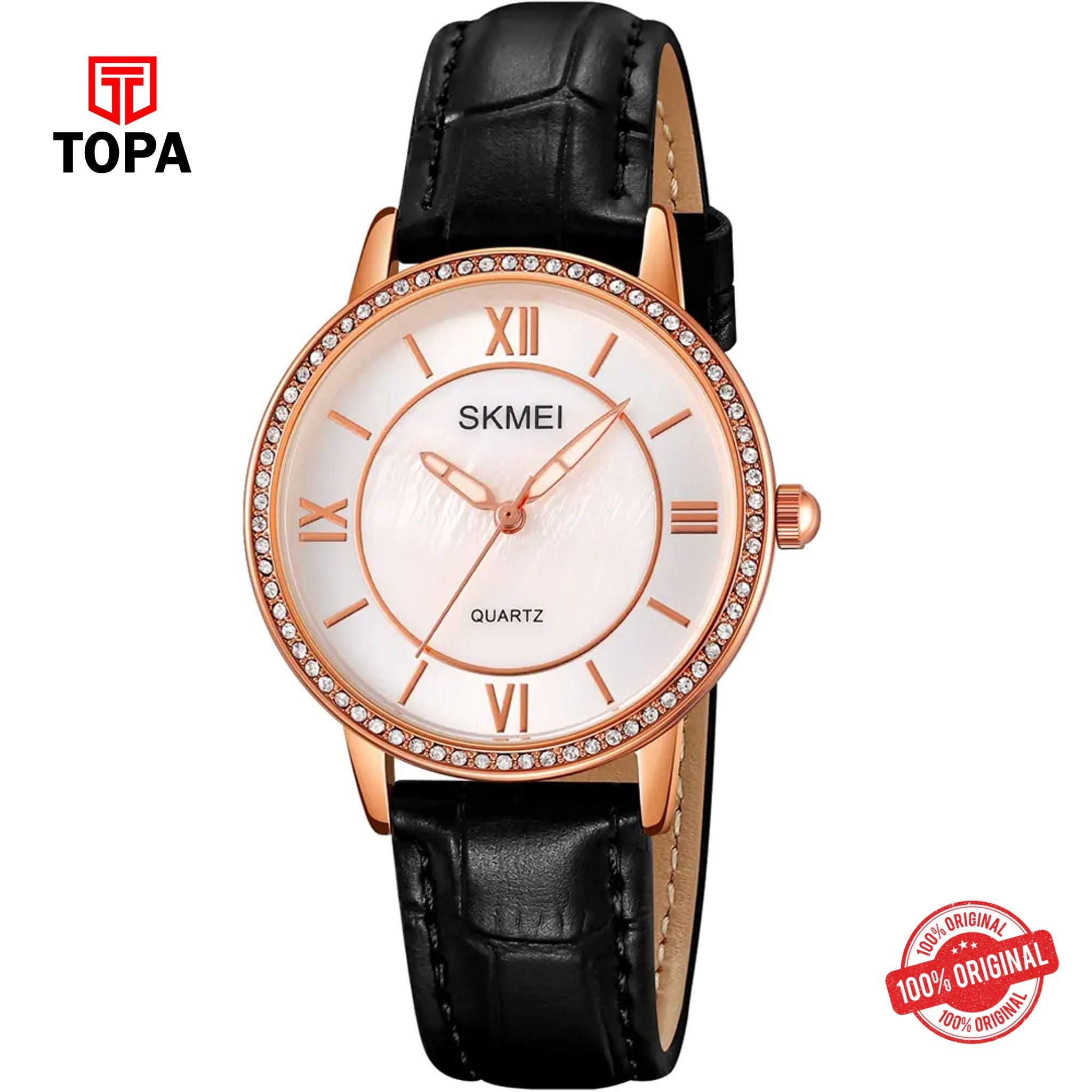 Topa Skmei-2253-L-RS-BLK-WHT-Leather-Band-Women-Watch - Product Image 1