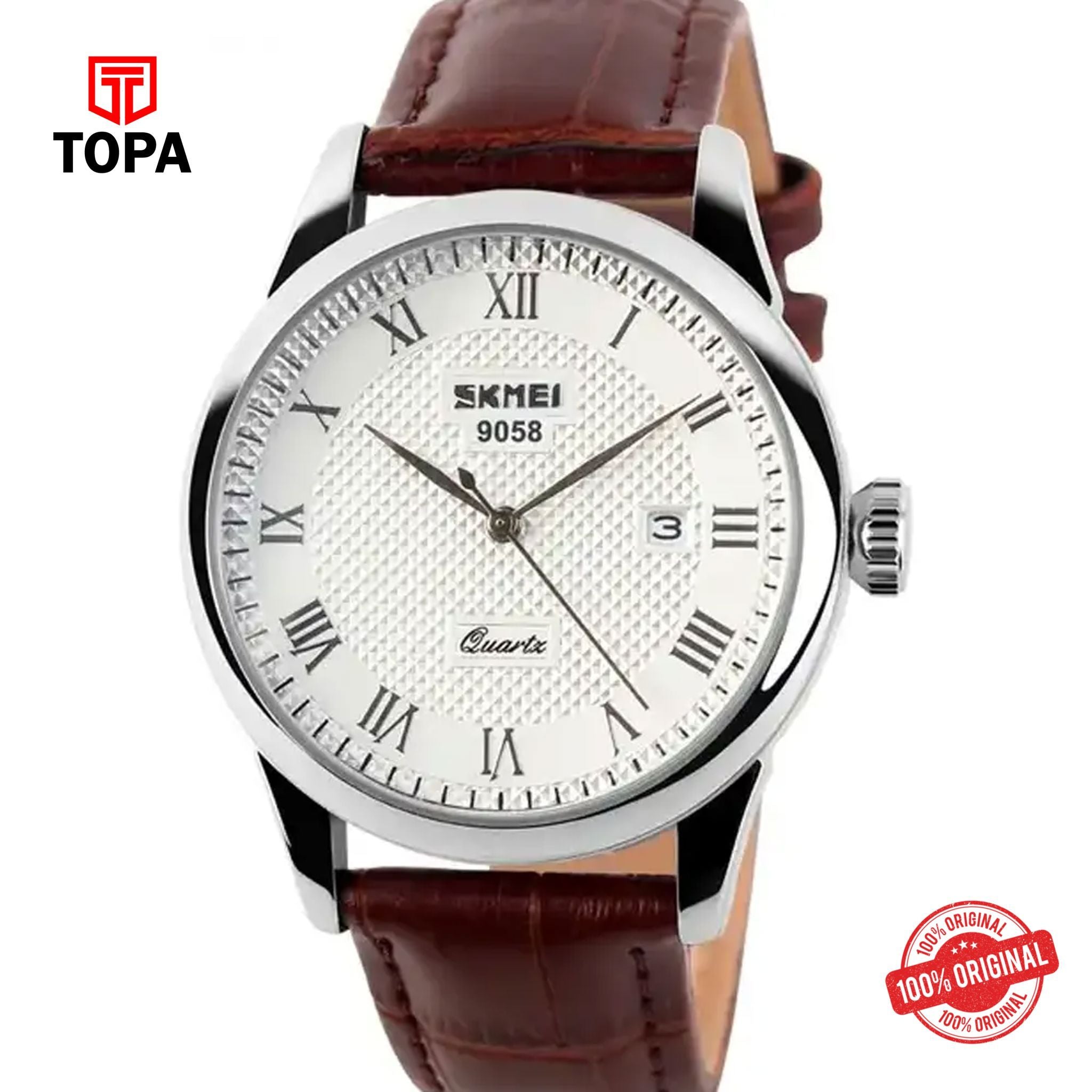 Topa Skmei-9058-CH-BRN-WHT-Leather-Band-Men-Watch - Product Image 1