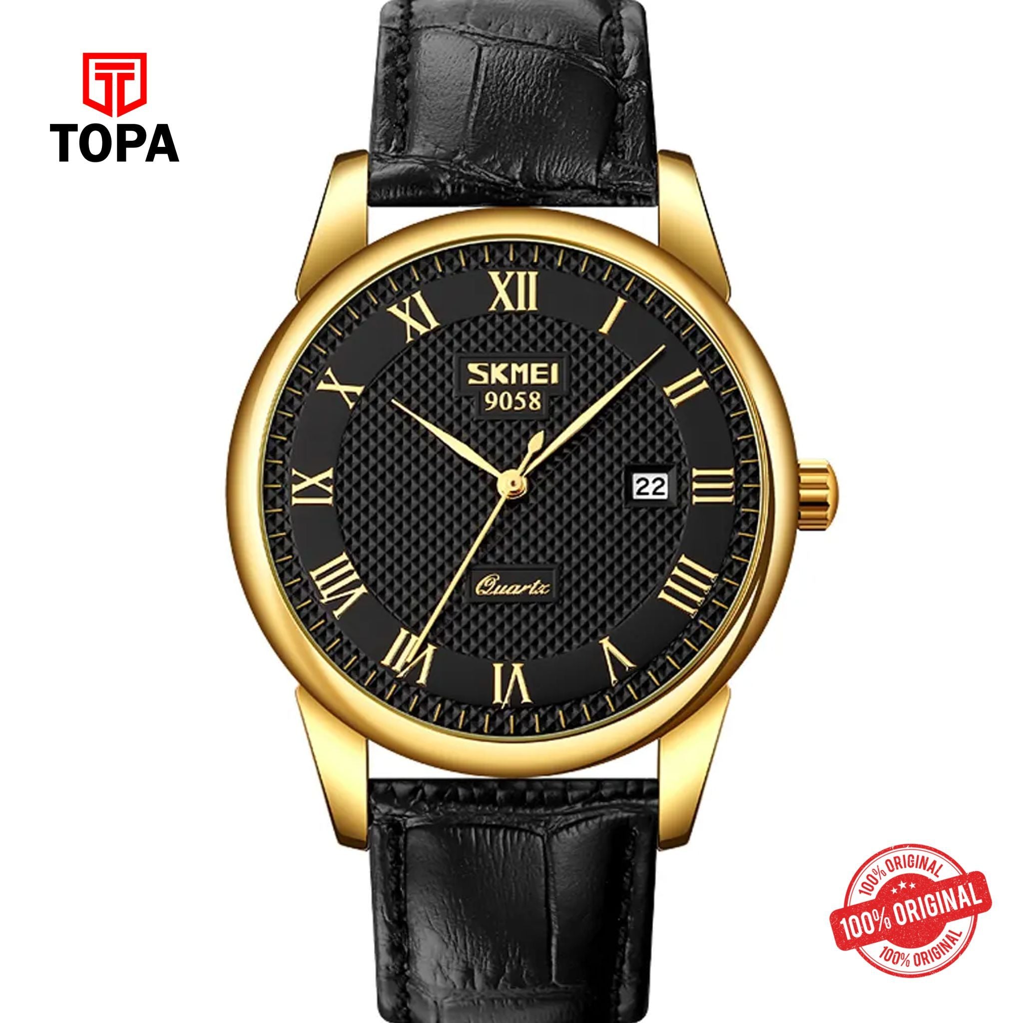 Topa Skmei-9058-GLD-BLK-Leather-Band-Men-Watch - Product Image 1