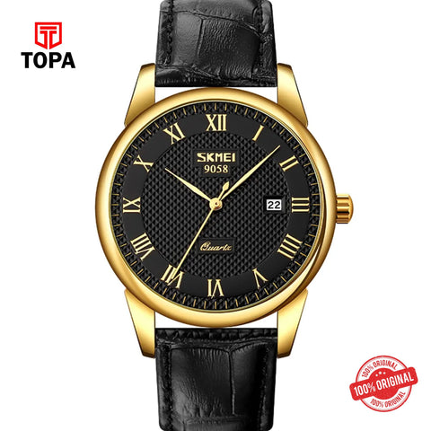 Topa Skmei-9058-GLD-BLK-Leather-Band-Men-Watch - Product Image 1
