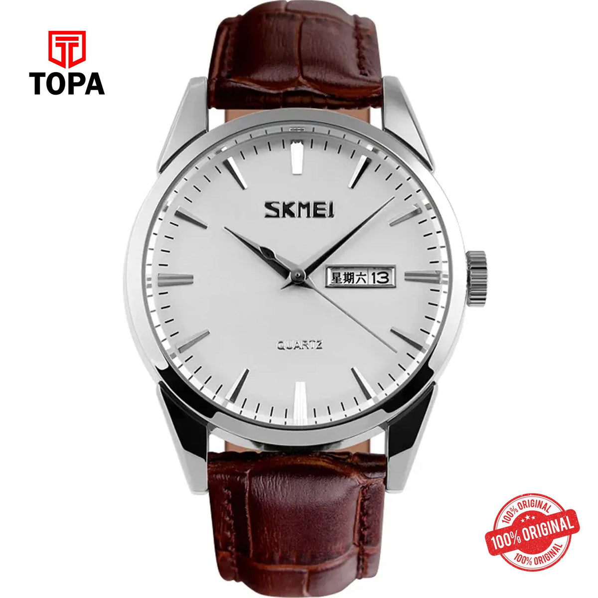 Topa Skmei-9073-CHBRN-WHT-Leather-Band-Men-Watch - Product Image 1