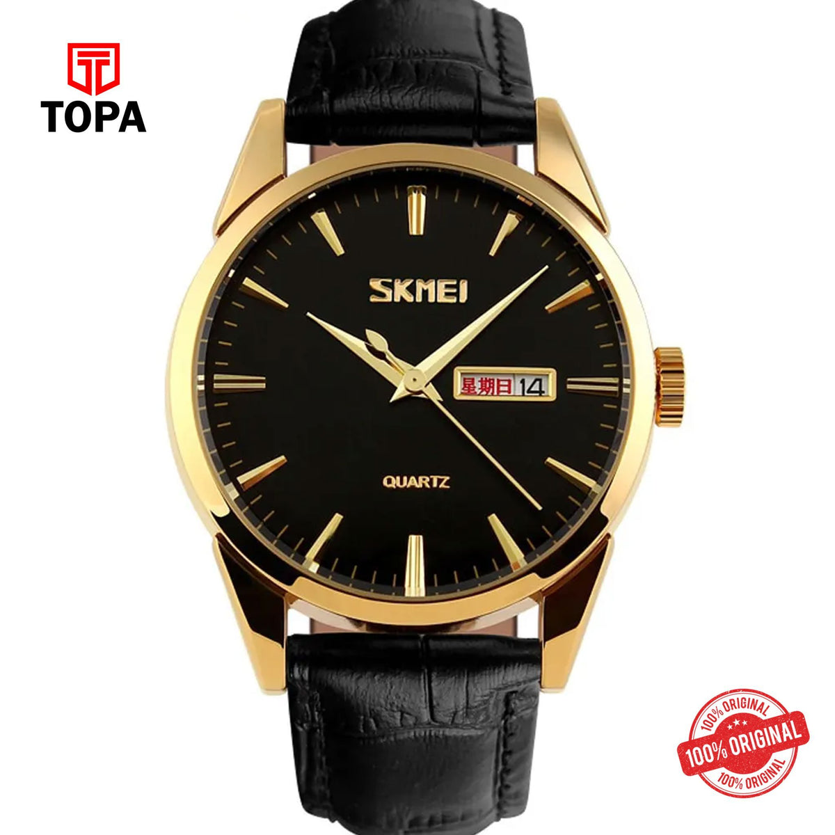 Topa Skmei-9073-GLD-BLK-BLK-Leather-Band-Men-Watch - Product Image 1