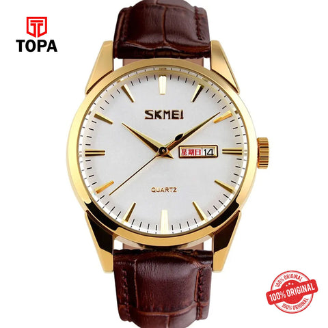 Topa Skmei-9073-GLD-BRN-WHT-Leather-Band-Men-Watch - Product Image 1