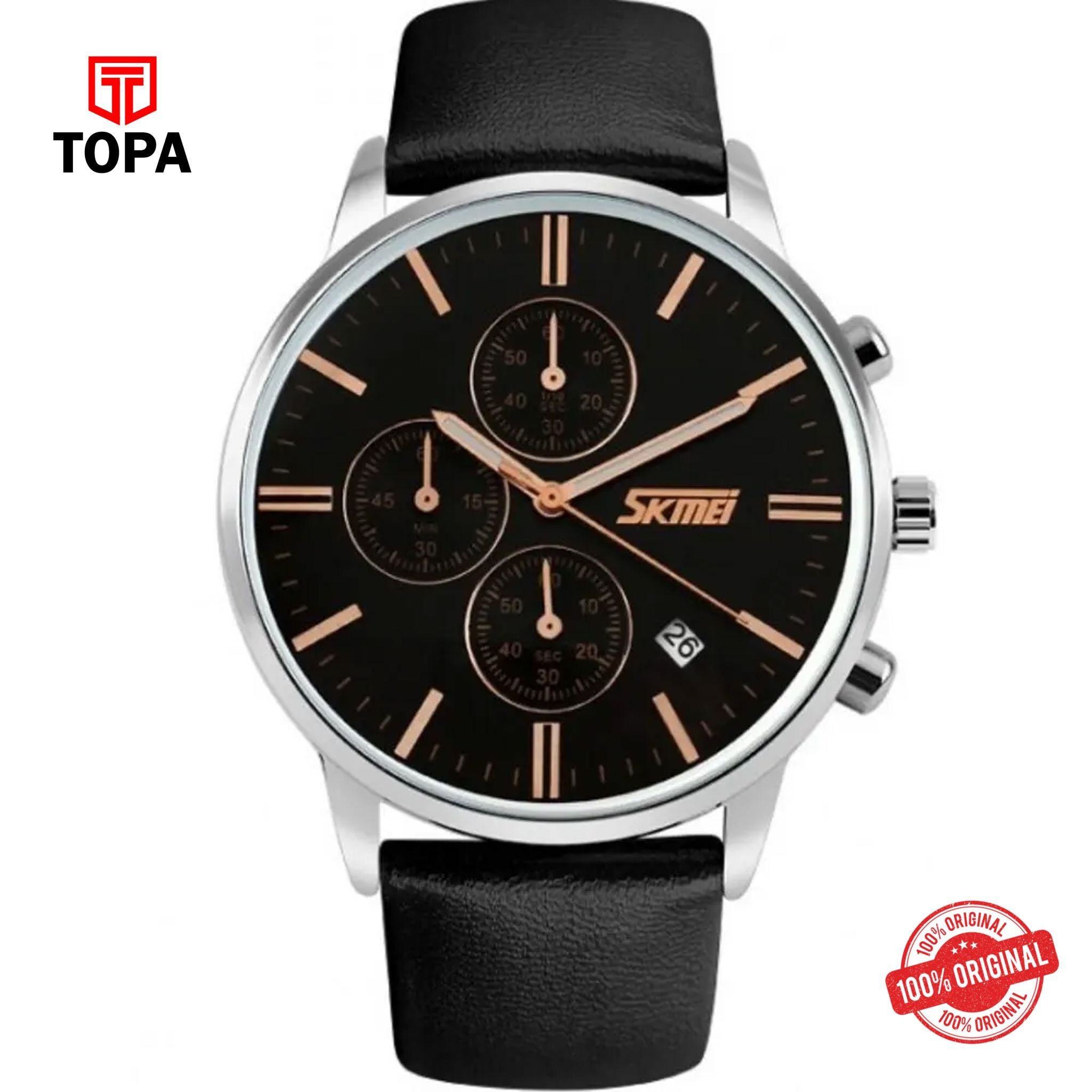 Topa Skmei-9103-G-STP-CHBLK-BLK-Leather-Band-Men-Watch - Product Image 1