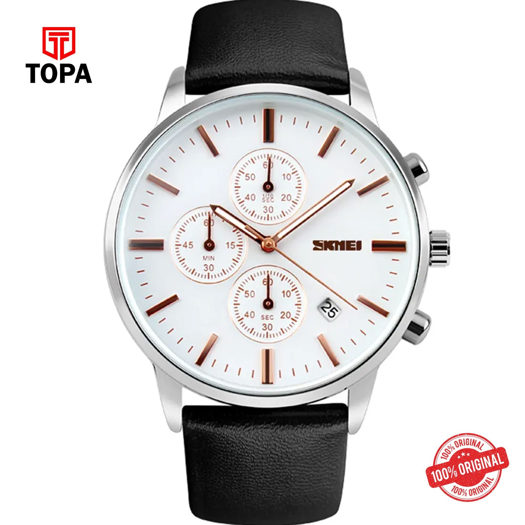 Topa Skmei-9103-G-STP-CHBLK-WT-Leather-Band-Men-Watch - Product Image 1