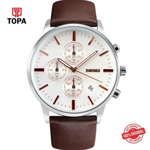 Topa Skmei-9103-G-STP-CHBRN-WT-Leather-Band-Men-Watch - Product Image 1