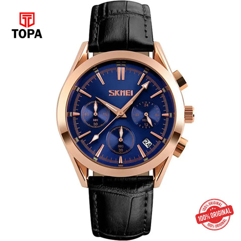 Topa Skmei-9127-RSBLK-BLU-Leather-Band-Men-Watch - Product Image 1