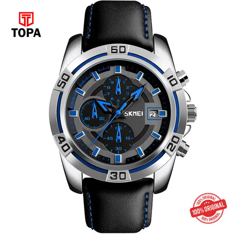 Topa Skmei-9156-CHBLK-BLU-Leather-Band-Men-Watch - Product Image 1