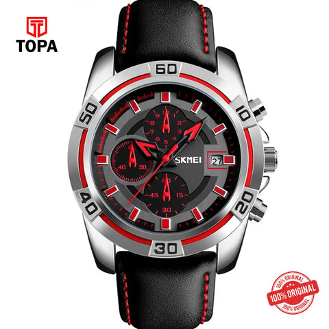Topa Skmei-9156-CHBLK-RED-Leather-Band-Men-Watch - Product Image 1