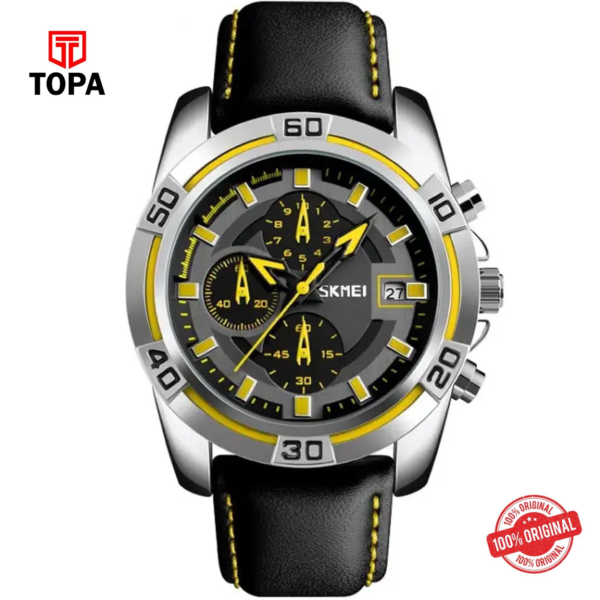 Topa Skmei-9156-CHBLK-YLW-Leather-Band-Men-Watch - Product Image 1