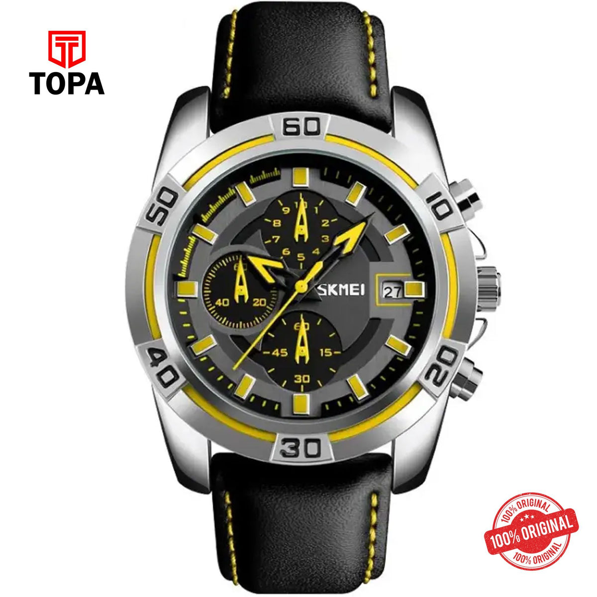 Topa Skmei-9156-CHBLK-YLW-Leather-Band-Men-Watch - Product Image 1