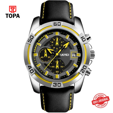 Topa Skmei-9156-CHBLK-YLW-Leather-Band-Men-Watch - Product Image 1