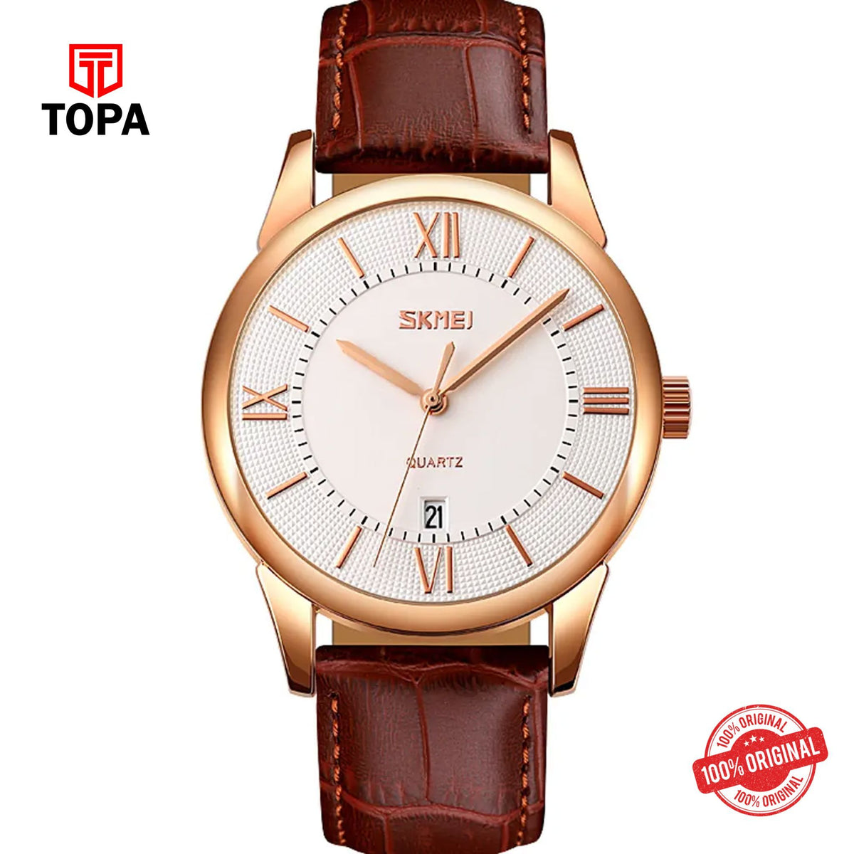 Topa Skmei-9261-RS-BRN-WHT-Leather-Band-Men-Watch - Product Image 1