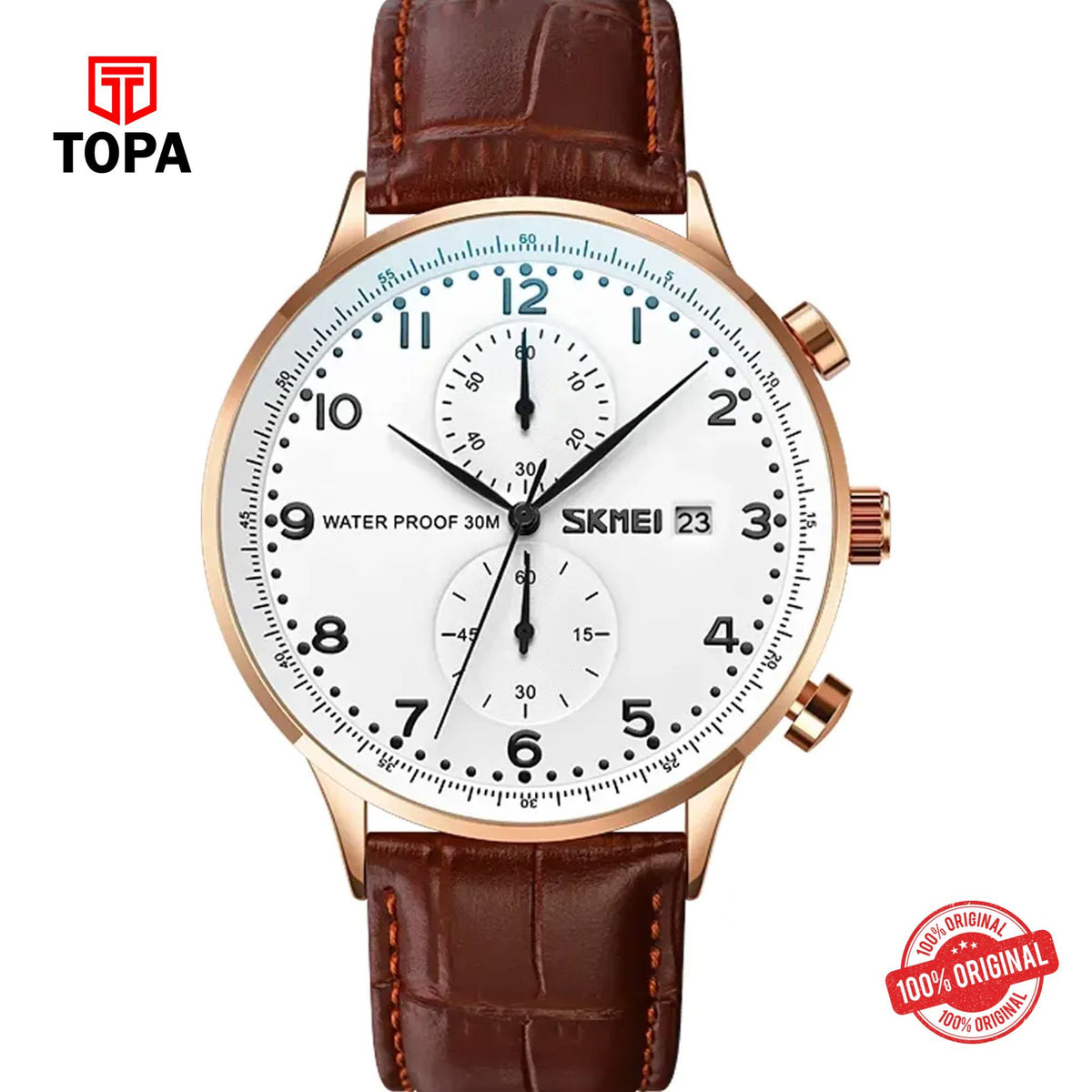 Topa Skmei-9301-RS-BRN-WHT-Leather-Band-Men-Watch - Product Image 1