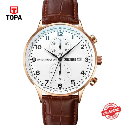 Topa Skmei-9301-RS-BRN-WHT-Leather-Band-Men-Watch - Product Image 1