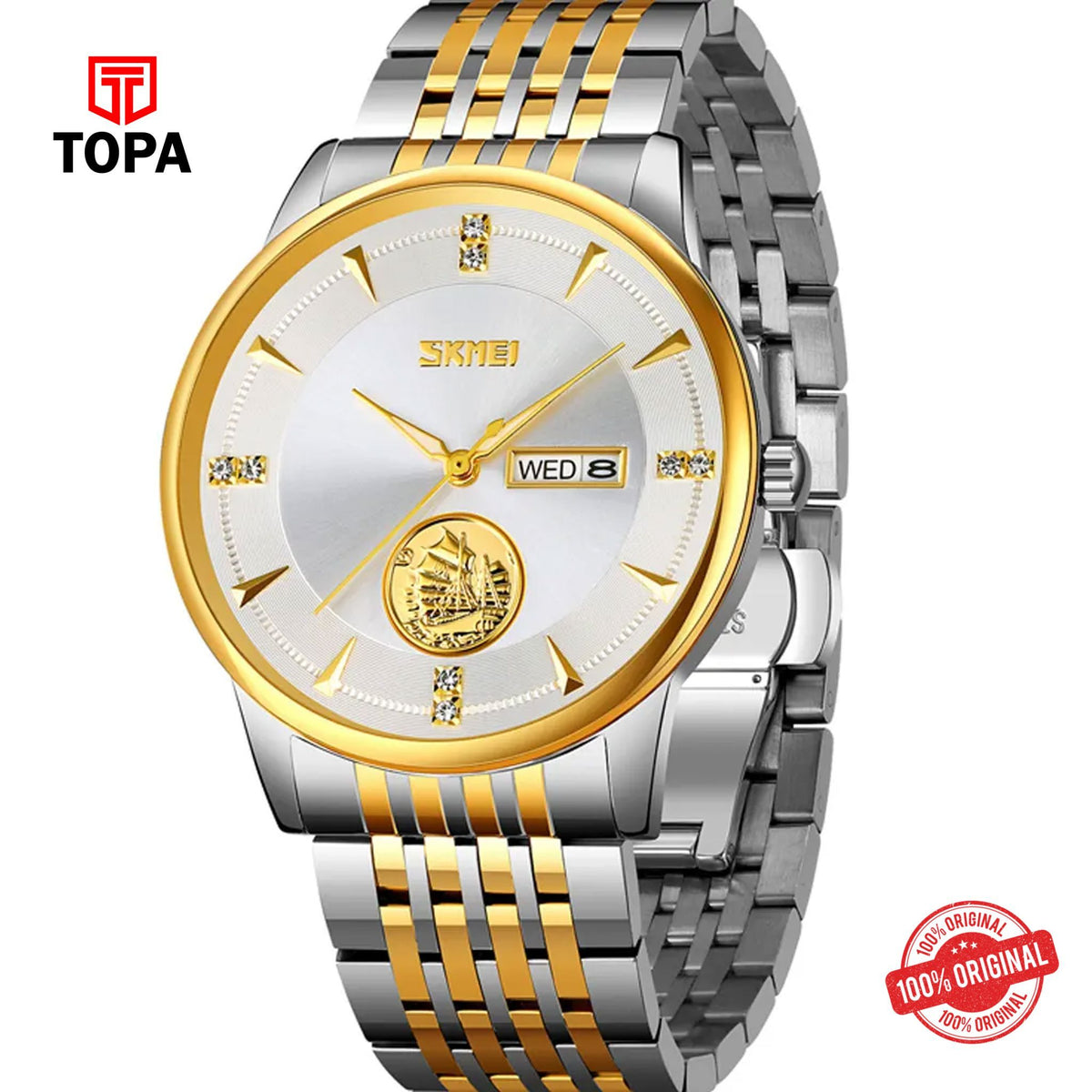 Topa Skmei-9309-TTGLD-WHT-Metal-Band-Men-Watch - Product Image 1