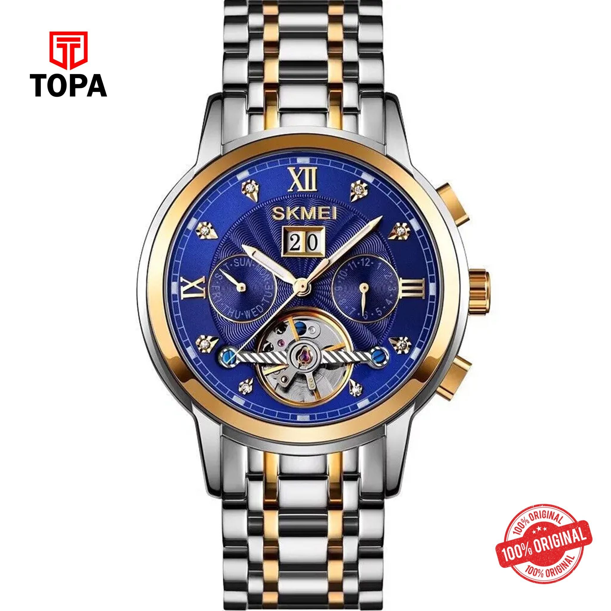 Topa Skmei-M029-G-T.T-GLD-BLU-Metal-Band-Men-Watch - Product Image 1