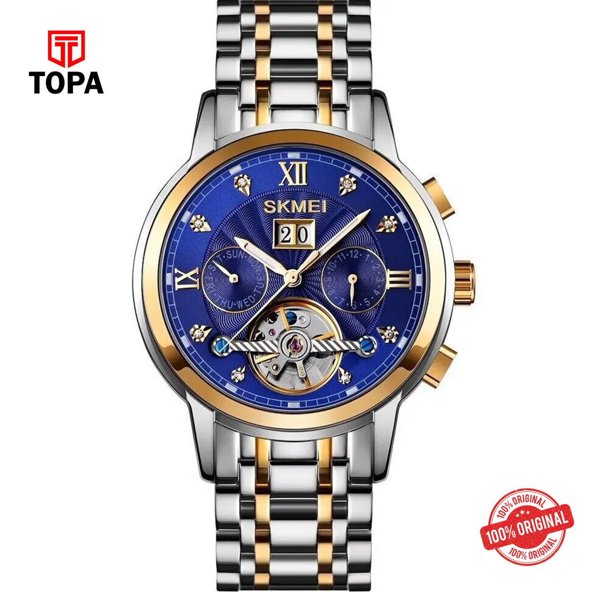 Topa Skmei-M029-G-T.T-GLD-BLU-Metal-Band-Men-Watch - Product Image 1