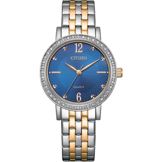 Citizen EL3106-59L women's blue dial two-tone stainless steel watch with crystal bezel and quartz movement