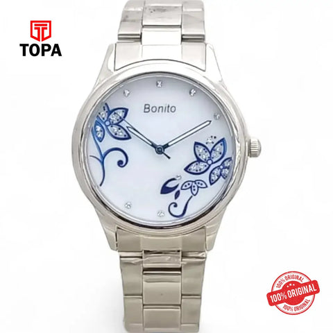 Bonito Q-2503-CH-WHT Metal Band Women Watch - Topa