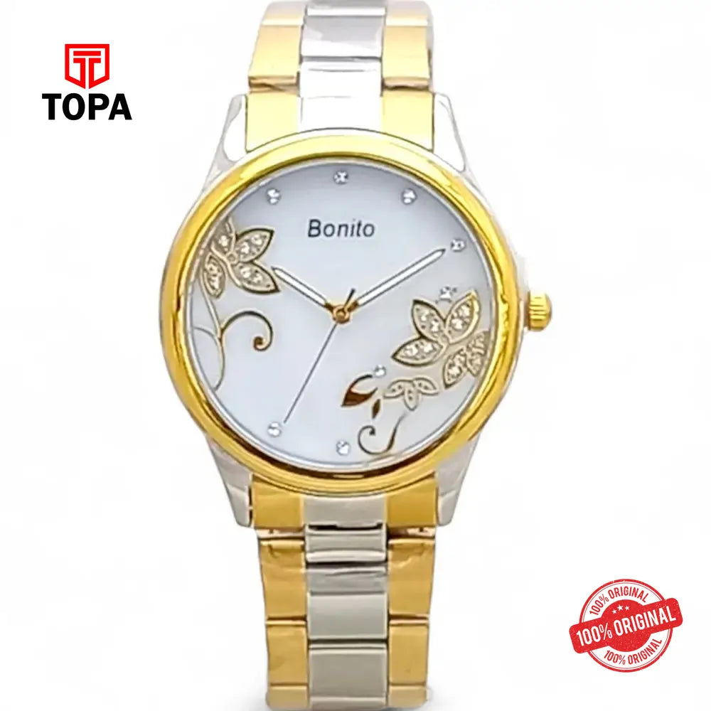Bonito Q-2503-TTGLD-WHT Metal Band Women Watch - Topa
