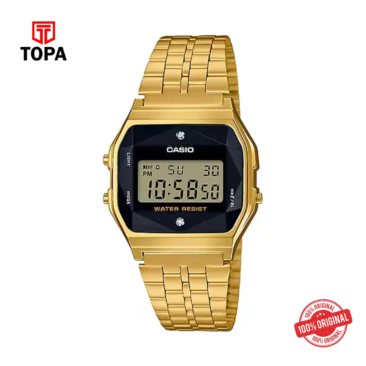 Casio A159WGED-1A – Gold Digital Diamond Watch - Topa