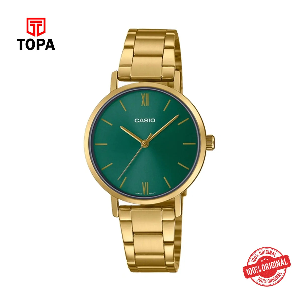 Casio LTP-VT02G-3A Green Dial Gold Stainless Steel Women’s Watch - Topa