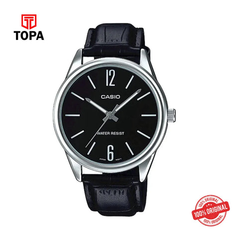 Casio MTP-V005L-1B Black Dial Black Leather Strap Watch - Topa